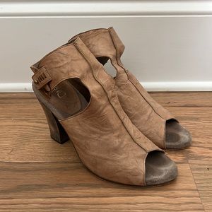 Calleen Cordero Genuine Leather Peep Toe Heel Booties w/ Ankle Strap & Wood Heel